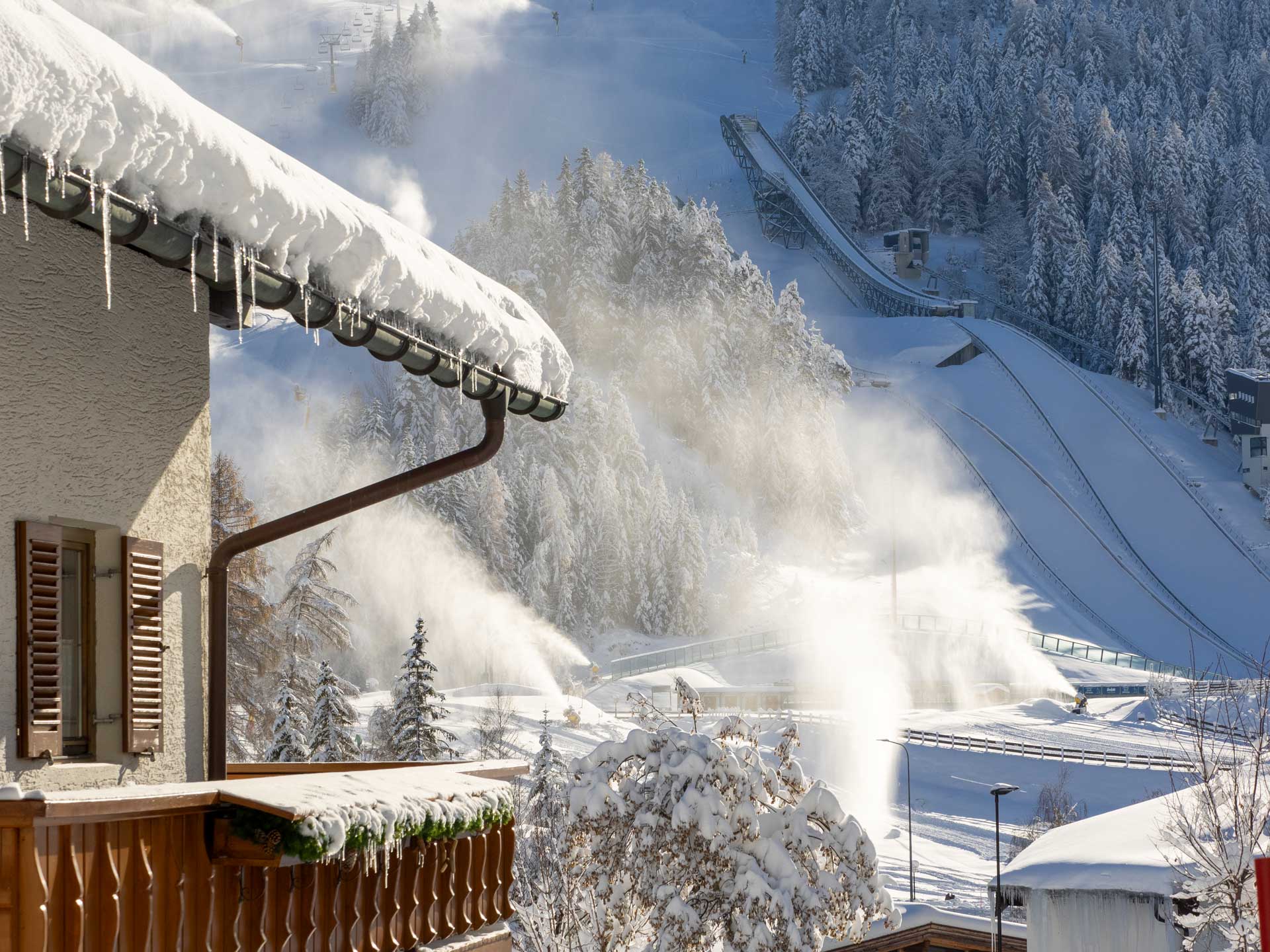 seefeld tirol ski sprungschanze winterblick haus kirchwald